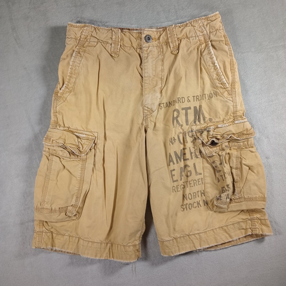 American Eagle Cargo Shorts Mens 30 Tan Graphic Longer Length Utility Gorpcore